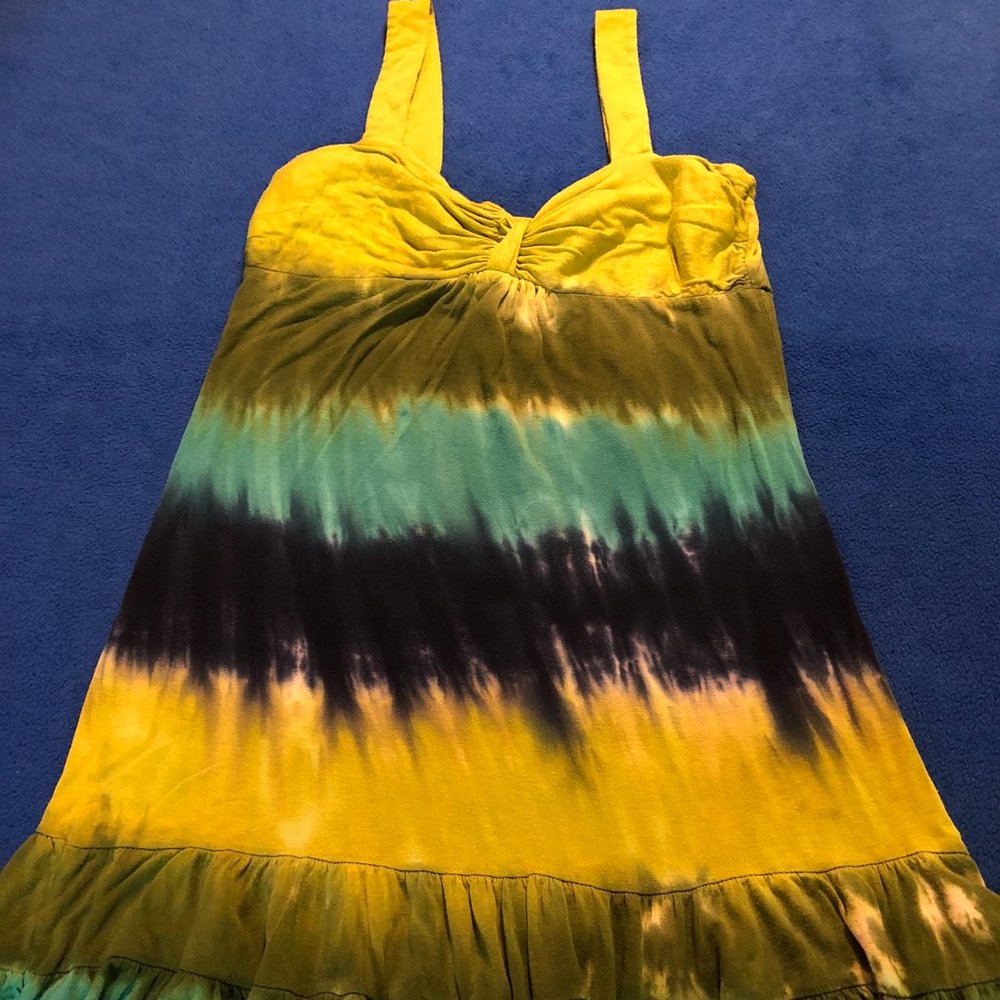Jonathan Martin Tie Dye Green Yellow Summer Ruffle Dress Womens Sz L Made in USA